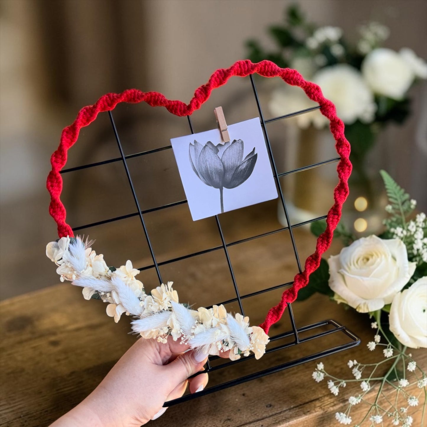 Herz Foto / Schmuckhalter Gitter Makramee / Trockenblumen