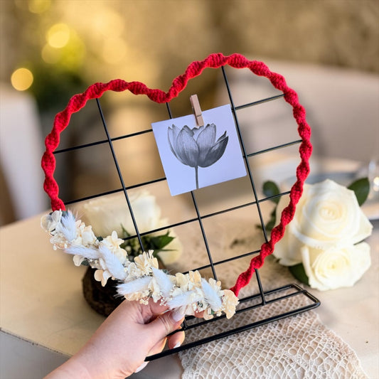Herz Foto / Schmuckhalter Gitter Makramee / Trockenblumen